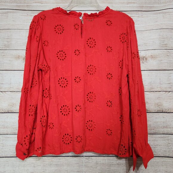 Nicole Miller Womens Artelier Long Sleeve Blouse Embroidered Eyelet Red Large - Picture 8 of 12